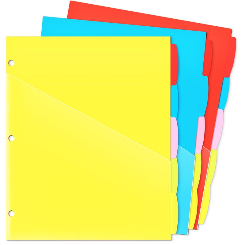 WOT I Plastic 5-tab Dividers with 2 Clear Pockets - 3 Sets, 15 Tabs Binder Dividers for 3 Ring Binder, 5 Fresh Colors - Image 1